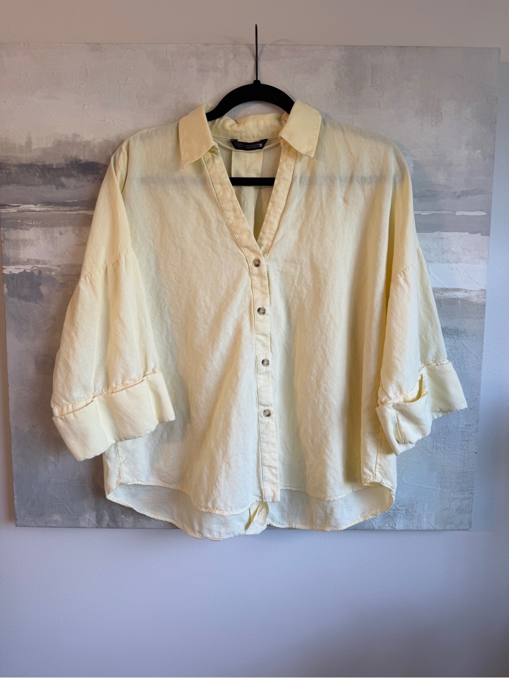 Zara 53% Linen 47% Cotton Oversized Button Shirt Blouse Butter Yellow Size M - Picture 2 of 10